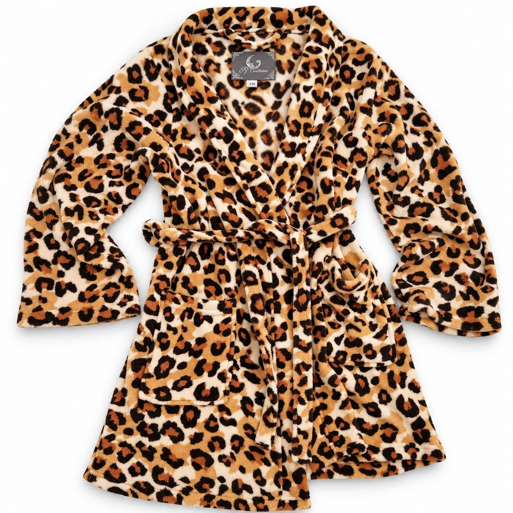 PJ Couture Robe Women S/M Tan Leopard Print Plush Fleece Short Bathrobe Pocket